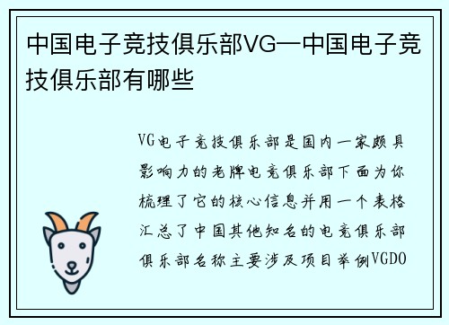中国电子竞技俱乐部VG—中国电子竞技俱乐部有哪些